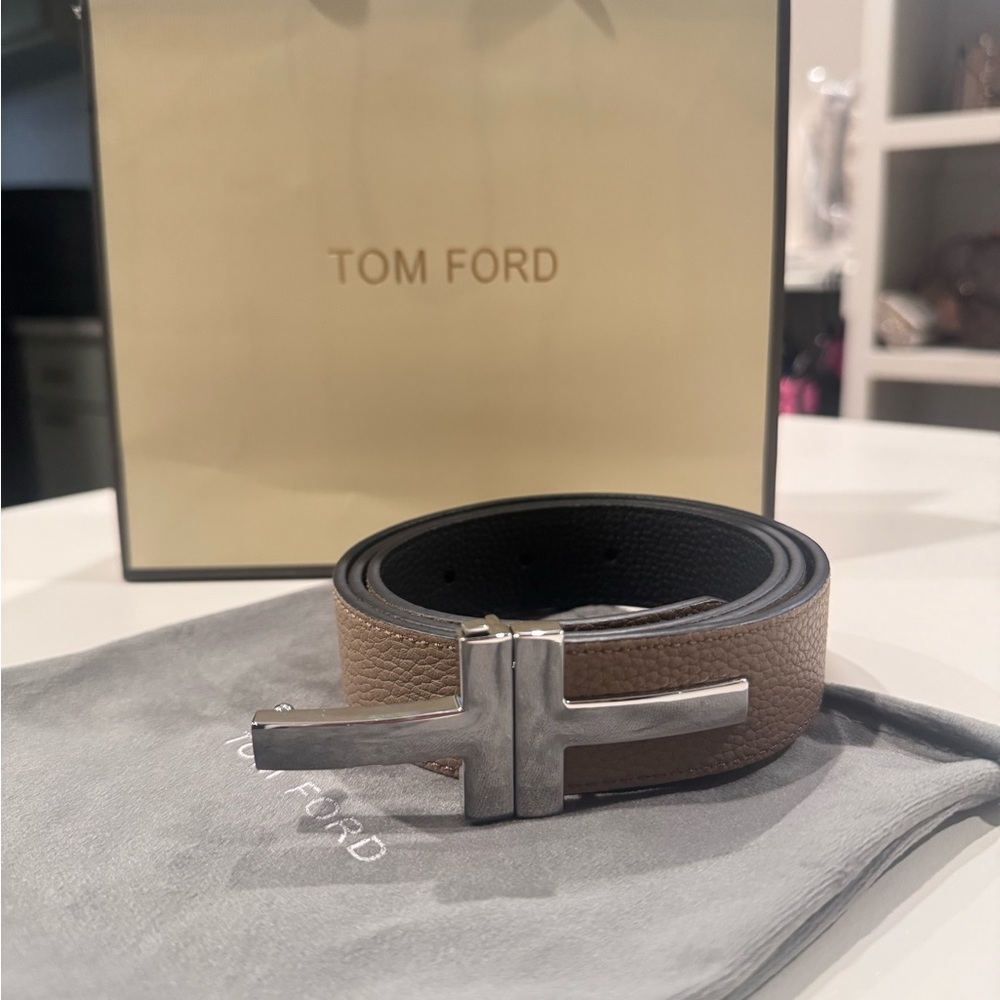 Tom Ford Men's Tan/black reversible Leather Belt with Silver Buckle